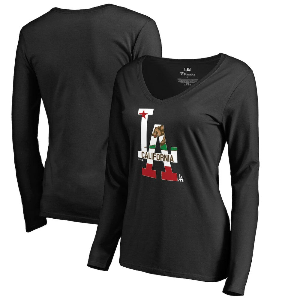Los Angeles Dodgers Women's Hometown Collection Cali Flag Long Sleeve V-Neck T-Shirt - Black - MLB Online
