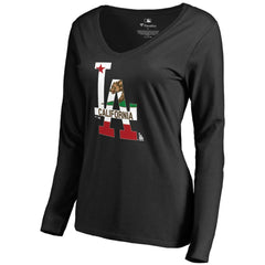 Los Angeles Dodgers Women's Hometown Collection Cali Flag Long Sleeve V-Neck T-Shirt - Black - MLB Online