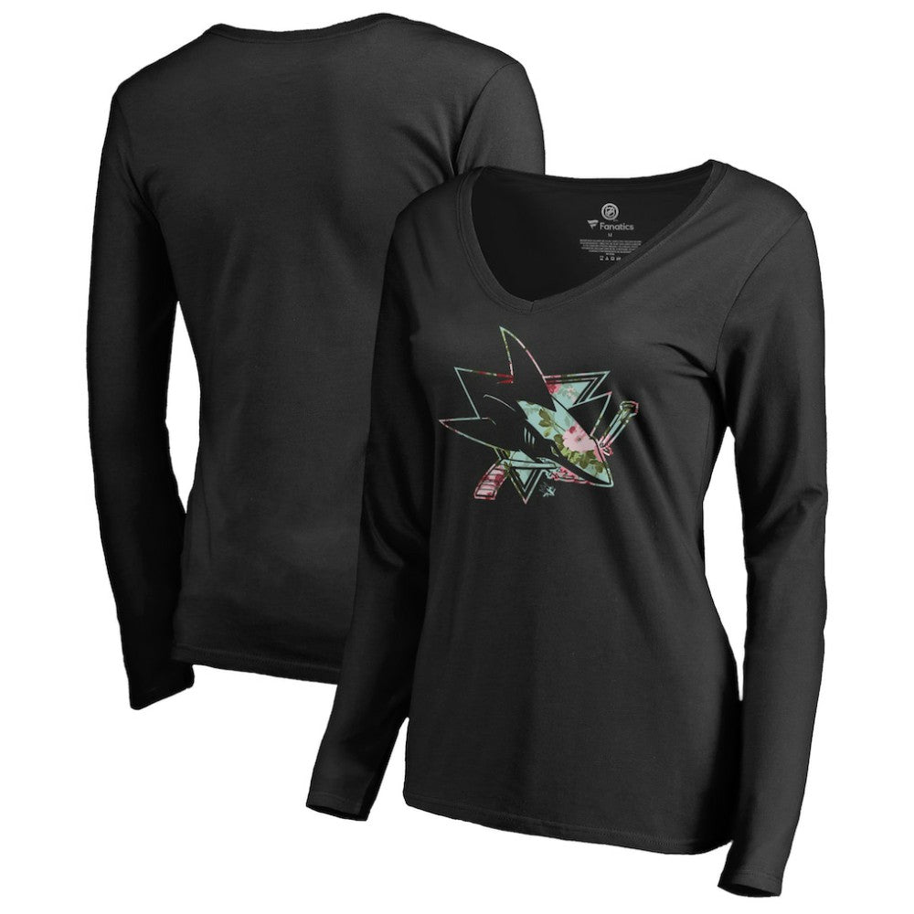 San Jose Sharks Women's Lovely Long Sleeve V-Neck T-Shirt - Black - NHL 3074491