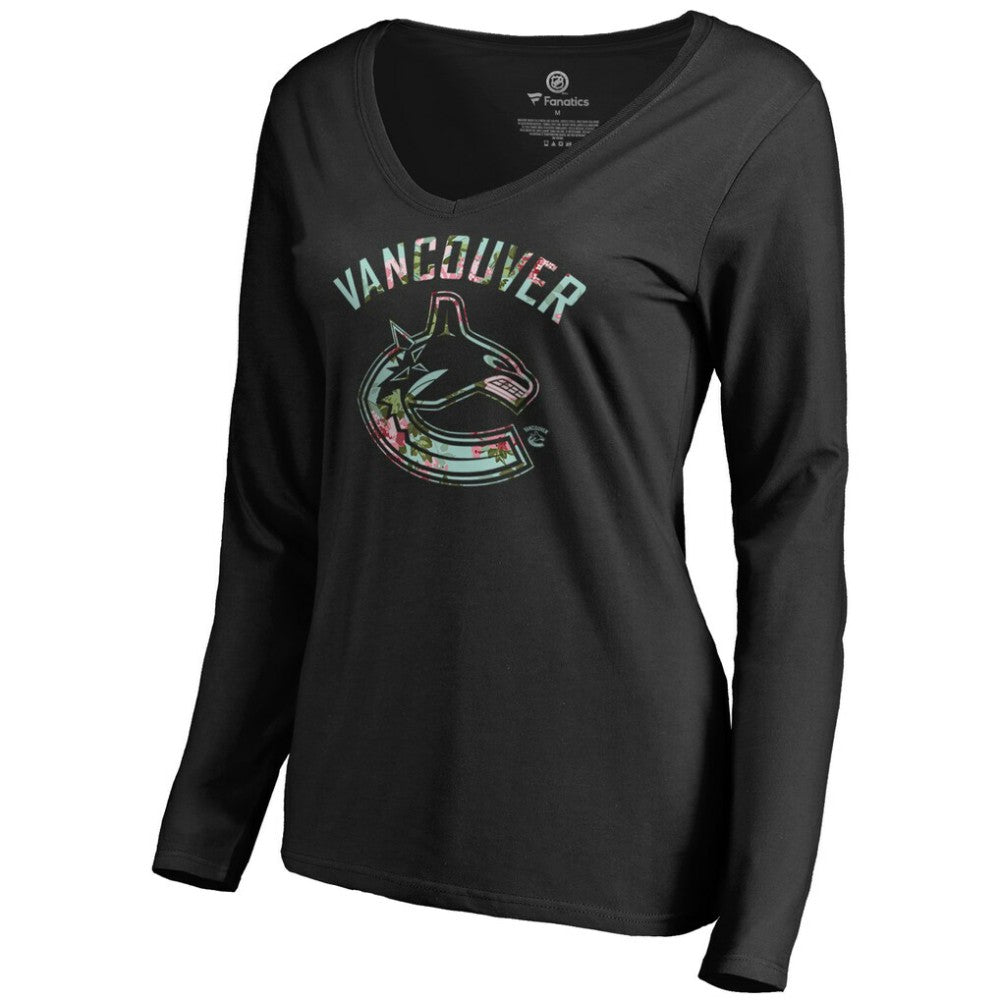 Vancouver Canucks Women's Lovely Long Sleeve V-Neck T-Shirt - Black - NHL 3074495