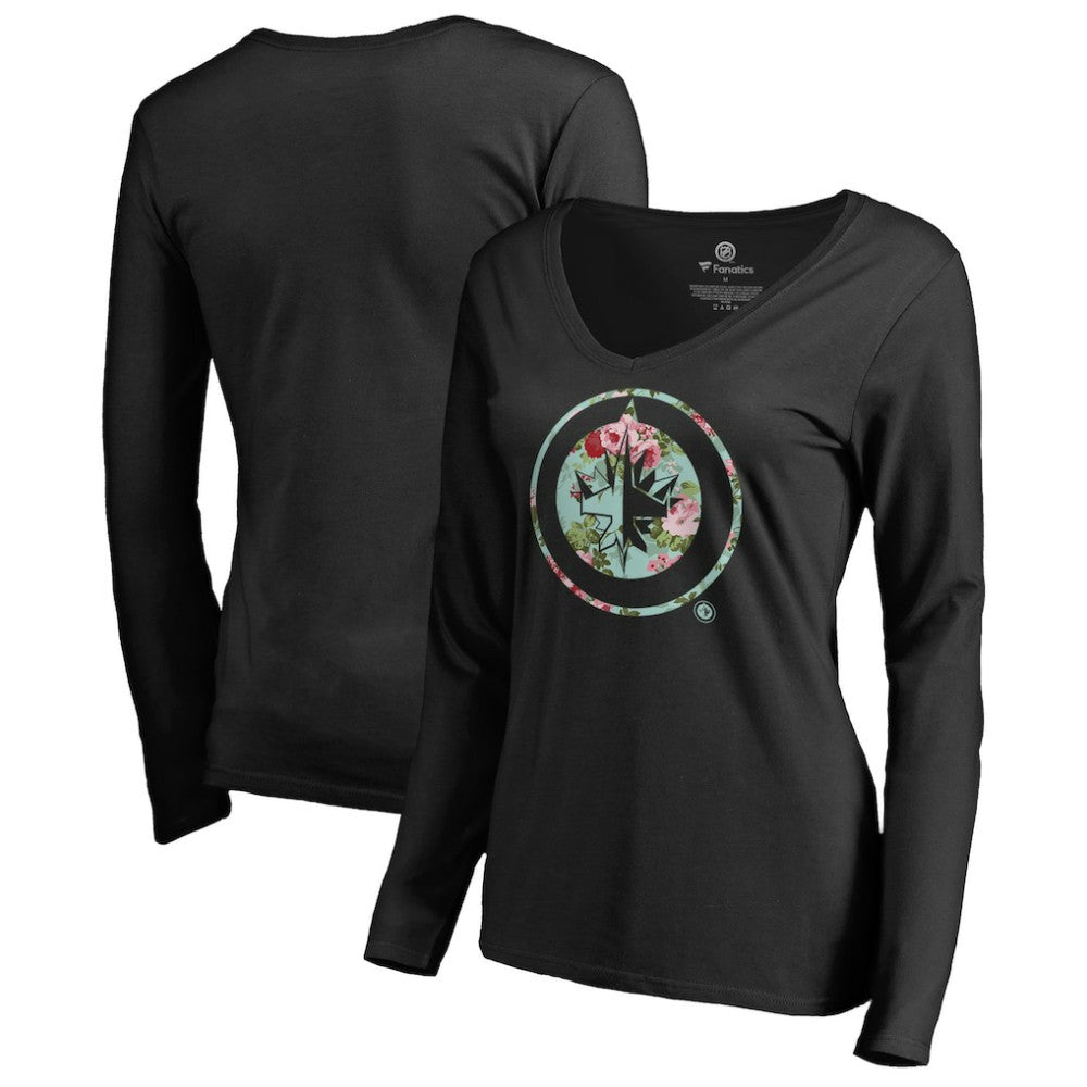 Winnipeg Jets Women's Lovely Long Sleeve V-Neck T-Shirt - Black - NHL 3074498
