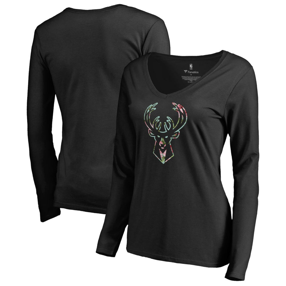 Milwaukee Bucks Women's Lovely V-Neck Long Sleeve T-Shirt Black