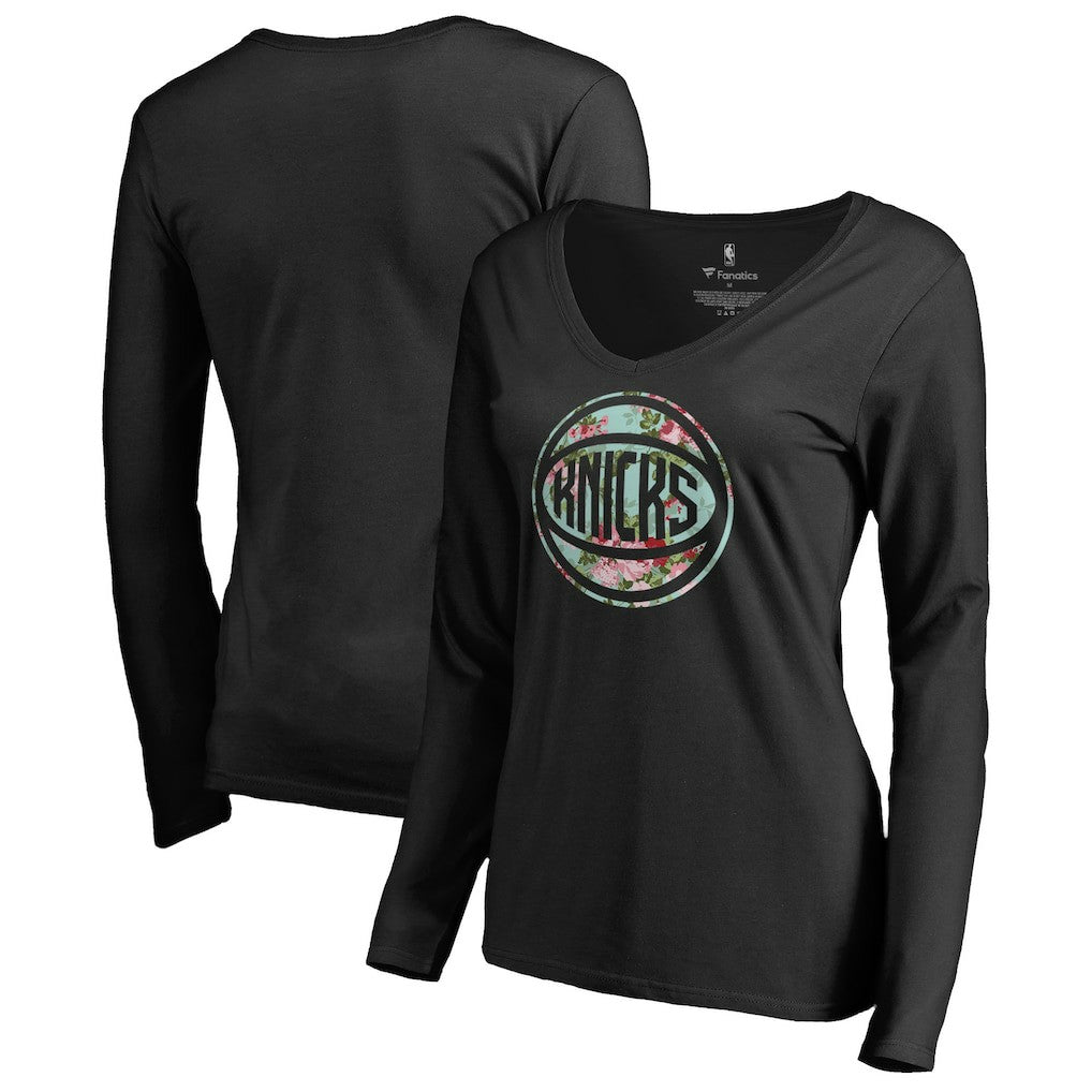 New York Knicks Women's Lovely V-Neck Long Sleeve T-Shirt Black