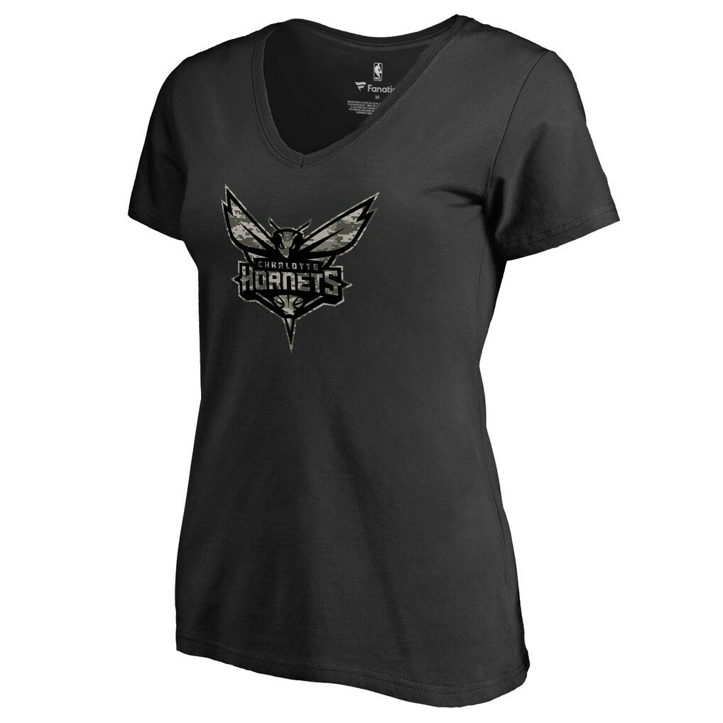 Charlotte Hornets Women's Cloak Camo V-Neck T-Shirt Black