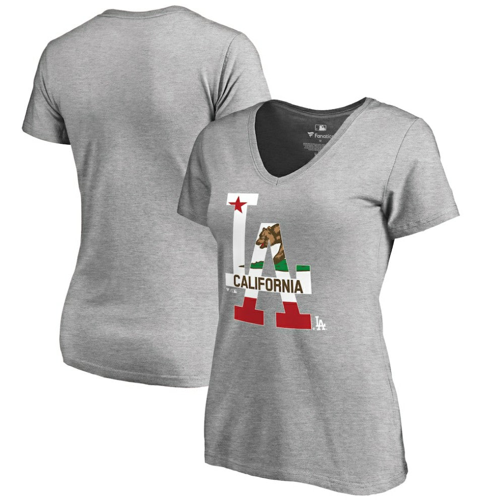Los Angeles Dodgers Women's Hometown Collection Cali Flag T-Shirt - Heathered Gray - MLB Discount