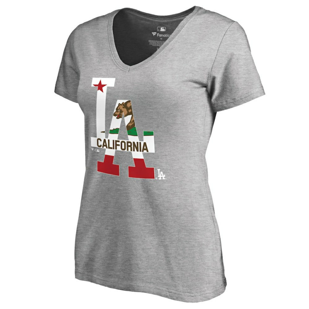 Los Angeles Dodgers Women's Hometown Collection Cali Flag T-Shirt - Heathered Gray - MLB Discount