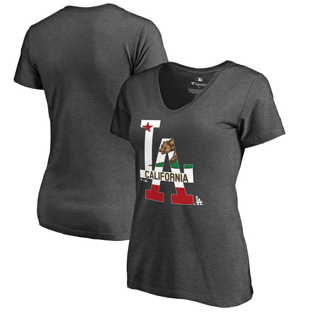 Los Angeles Dodgers Women's Hometown Collection Cali Flag T-Shirt - Heathered Charcoal - MLB Sale