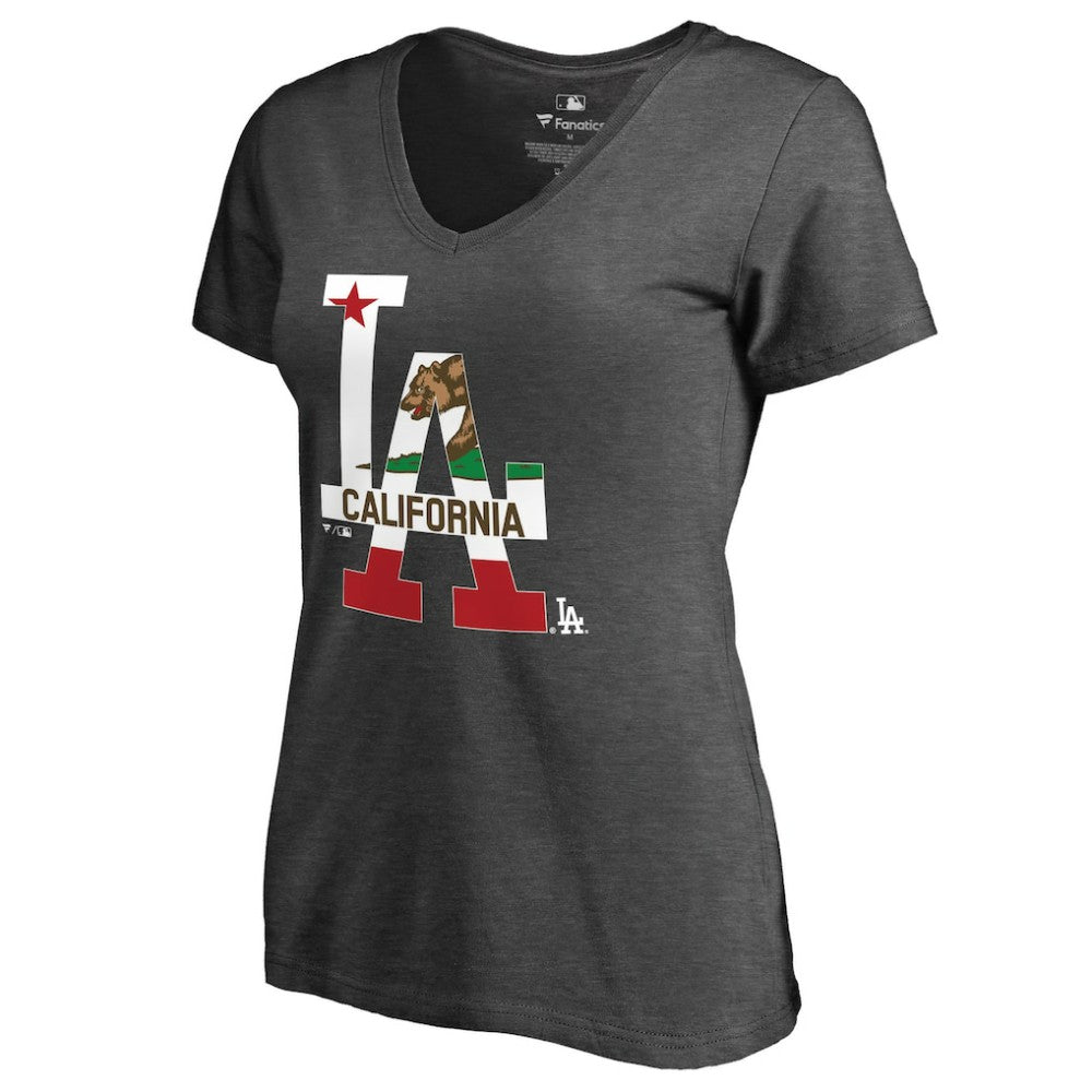 Los Angeles Dodgers Women's Hometown Collection Cali Flag T-Shirt - Heathered Charcoal - MLB Sale