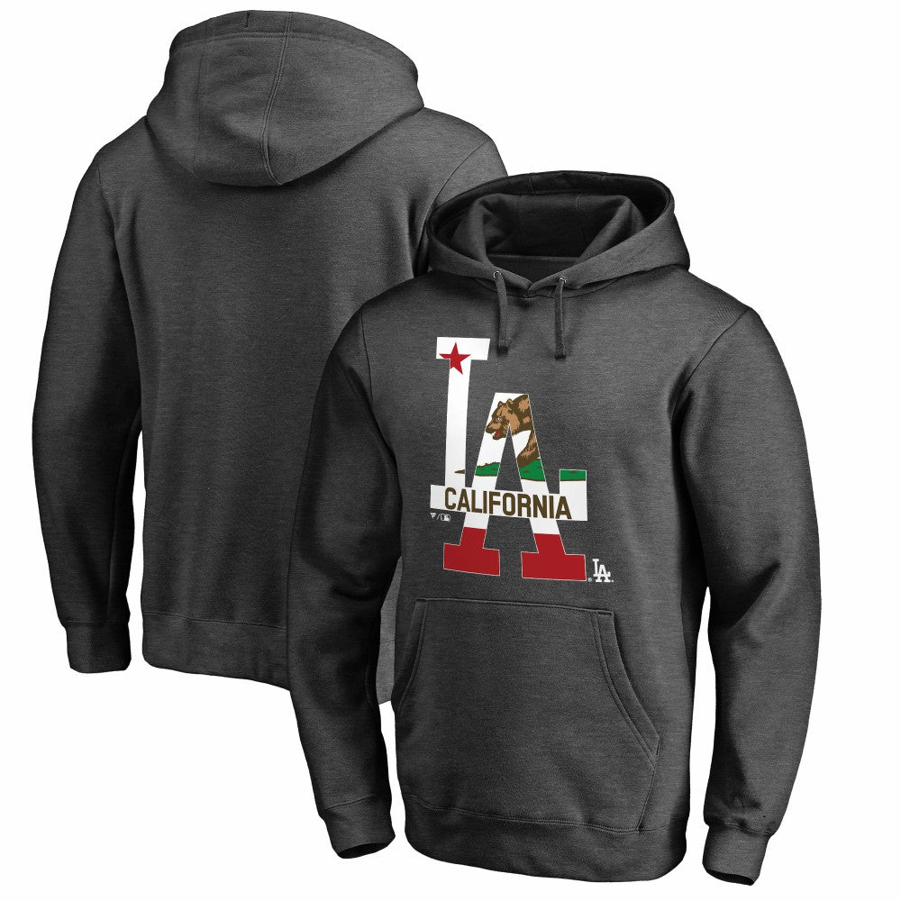 Los Angeles Dodgers Hometown Collection Cali Flag Pullover Hoodie - Heathered Charcoal - MLB Lifestyle