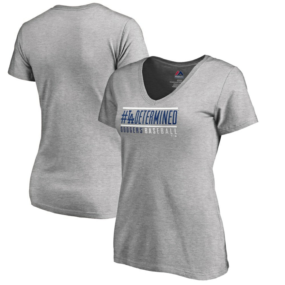 Los Angeles Dodgers Women's Hometown Collection Determined V-Neck T-Shirt - Heathered Gray - MLB Lifestyle