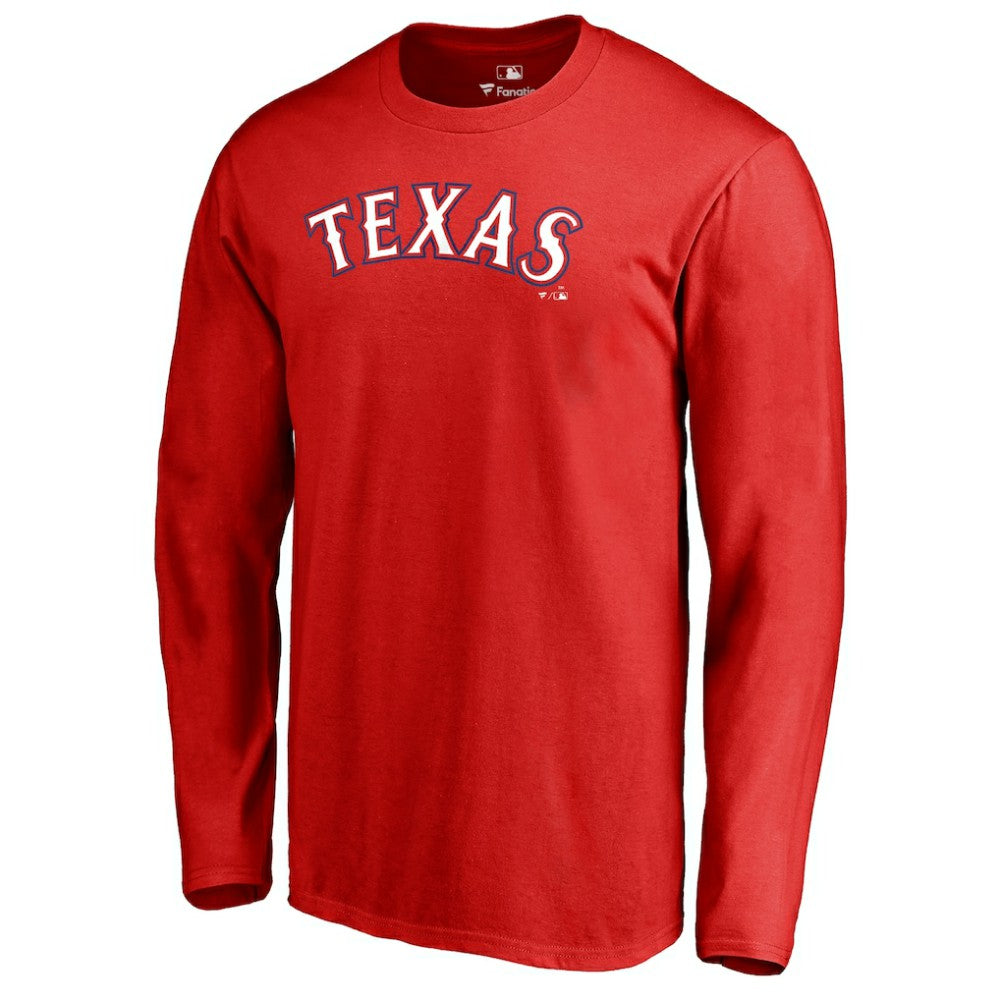 Texas Rangers Team Wordmark Long Sleeve T-Shirt - Red - MLB Lifestyle