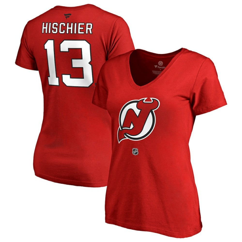 Nico Hischier New Jersey Devils Women's Authentic Stack Name & Number V-Neck T-Shirt - Red - NHL 3214673