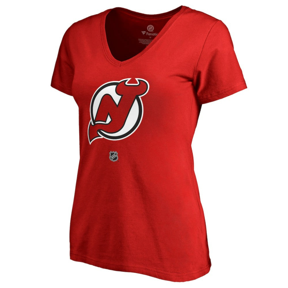 Nico Hischier New Jersey Devils Women's Authentic Stack Name & Number V-Neck T-Shirt - Red - NHL 3214673