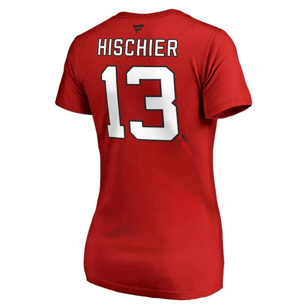 Nico Hischier New Jersey Devils Women's Authentic Stack Name & Number V-Neck T-Shirt - Red - NHL 3214673