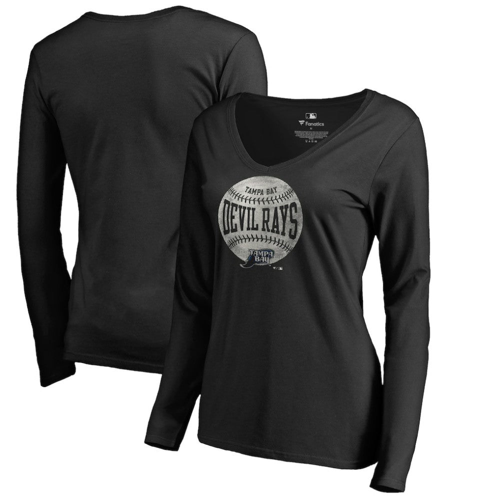 Tampa Bay Rays Women's Cooperstown Collection Slider Long Sleeve V-Neck T-Shirt - Black - MLB Lifestyle