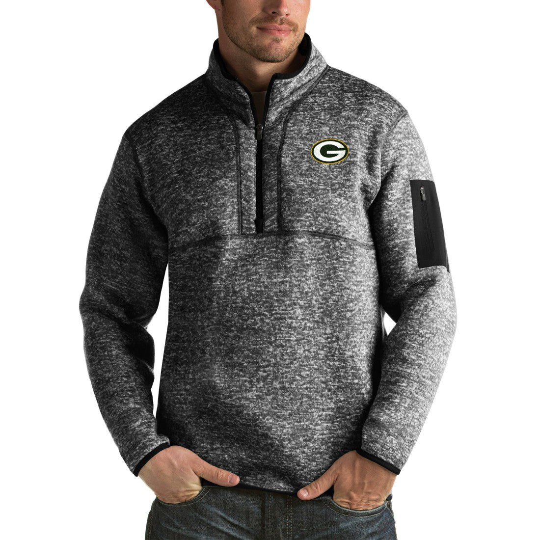 Green Bay Packers Antigua Fortune Big & Tall Quarter-Zip Pullover Jacket Heather Black