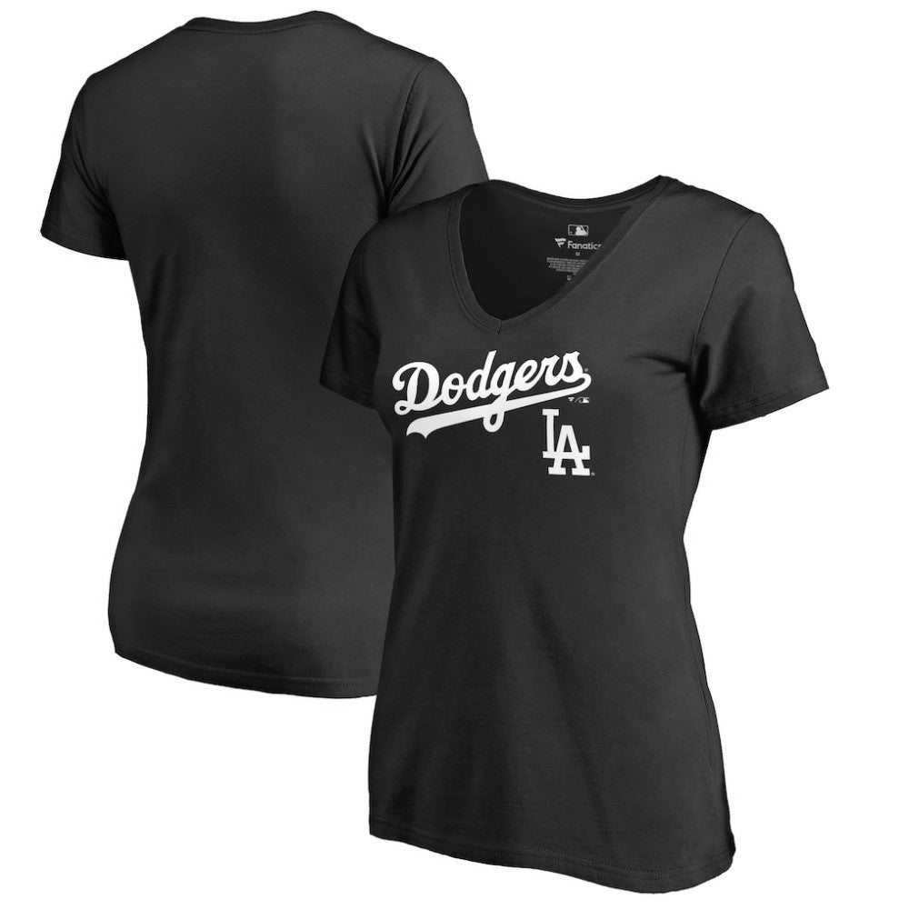 Los Angeles Dodgers Women's Team Lockup V-Neck T-Shirt - Black - MLB Lifestyle