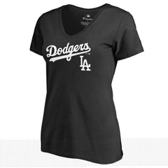 Los Angeles Dodgers Women's Team Lockup V-Neck T-Shirt - Black - MLB Lifestyle