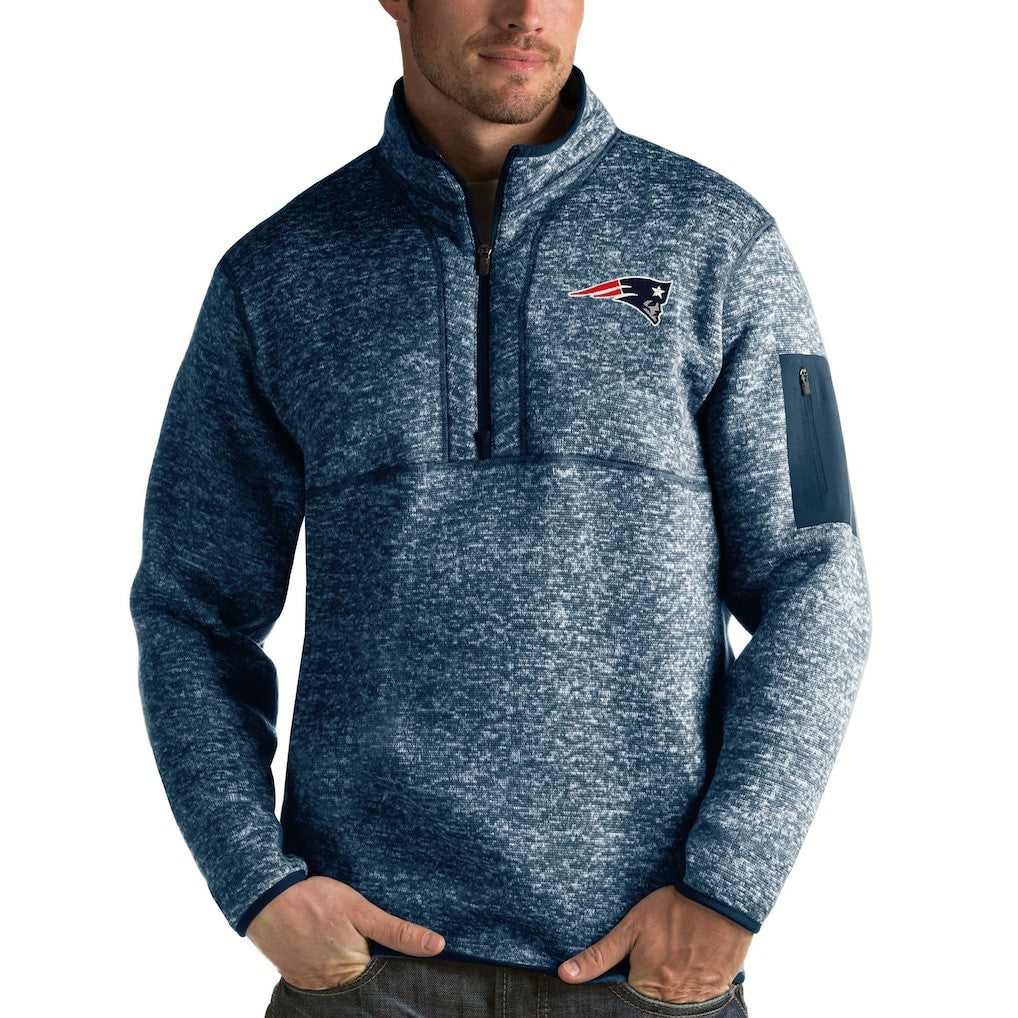 New England Patriots Antigua Fortune Quarter-Zip Pullover Jacket Heather Navy
