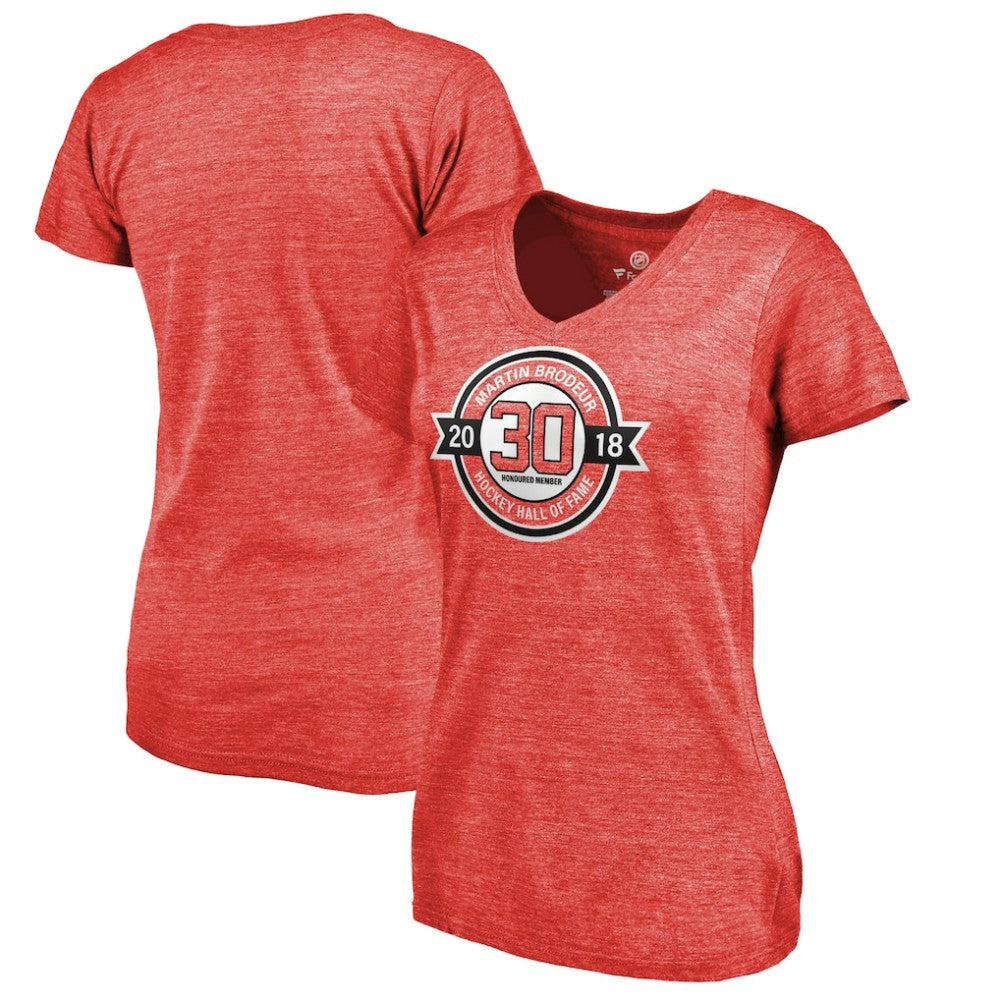 Martin Brodeur New Jersey Devils Fanatics Women's Hall of Fame V-Neck Tri-Blend T-Shirt - Red - NHL 3344795