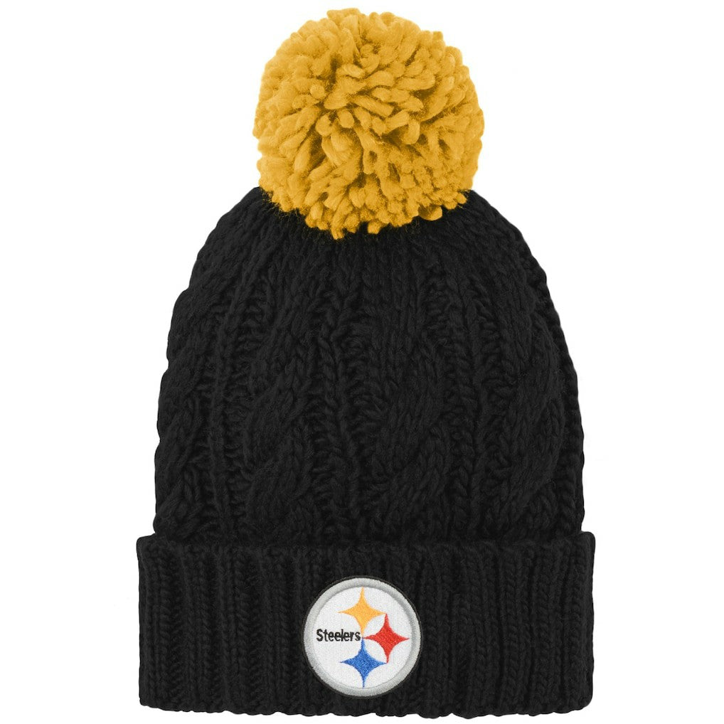 Pittsburgh Steelers Girls Youth Team Cable Cuffed Knit Hat with Pom Black