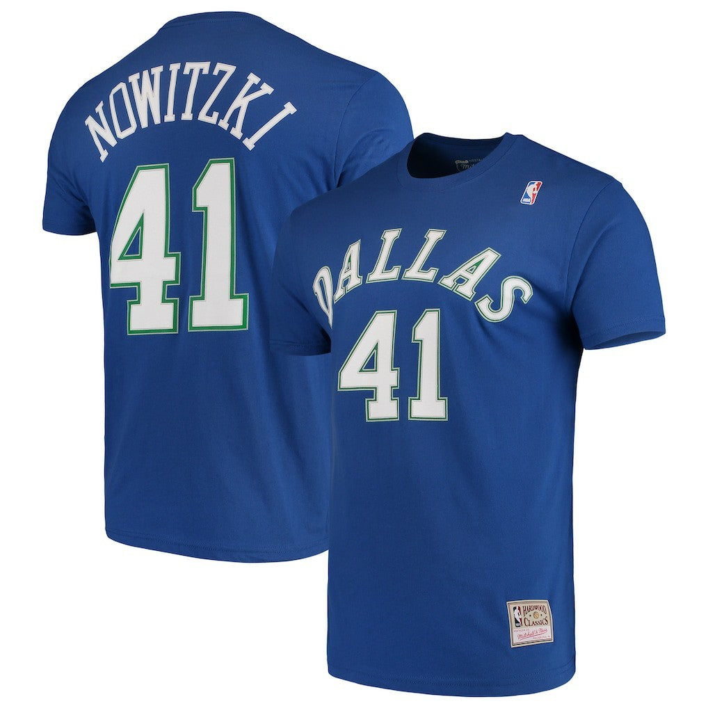Dirk Nowitzki Dallas Mavericks Hardwood Classics Team Name & Number T-Shirt for sale Blue | Mitchell & Ness US