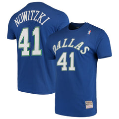 Dirk Nowitzki Dallas Mavericks Hardwood Classics Team Name & Number T-Shirt for sale Blue | Mitchell & Ness US
