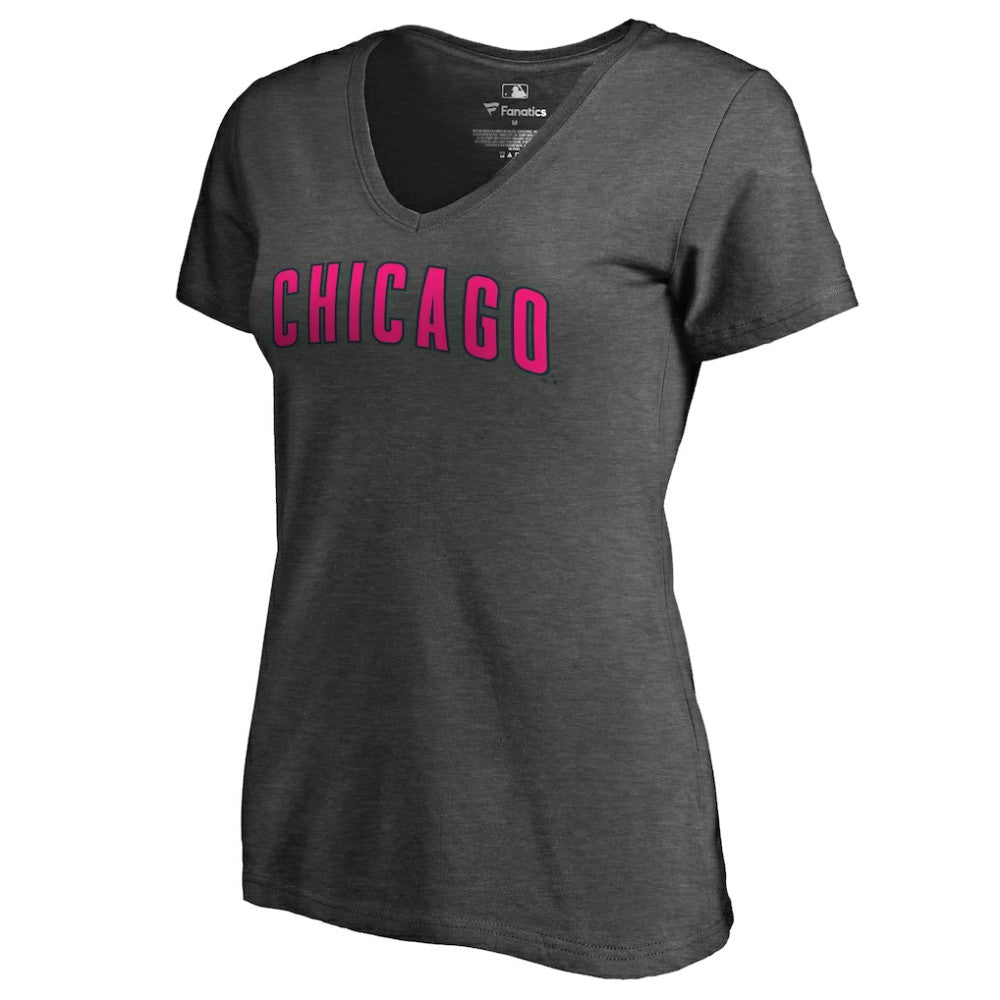 Chicago Cubs Women's Pink Wordmark V-Neck T-Shirt - Heathered Gray - MLB Lifestyle