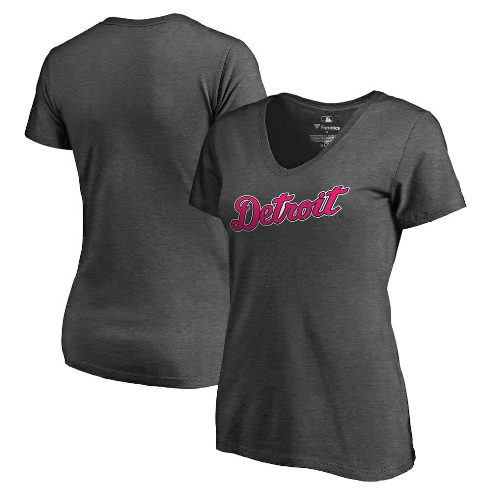 Detroit Tigers Women's Pink Wordmark V-Neck T-Shirt - Heathered Gray - MLB Discount