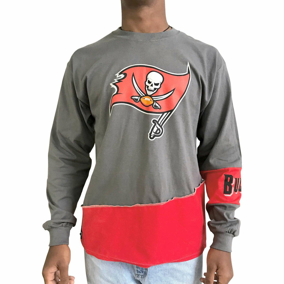Tampa Bay Buccaneers Refried Apparel Sustainable Upcycled Angle Long Sleeve T-Shirt Pewter/Red