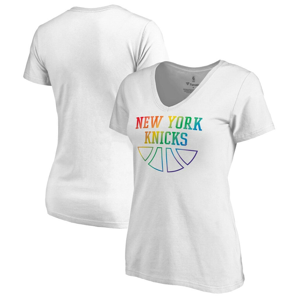 New York Knicks Women's Team Pride Wordmark V-Neck T-Shirt White