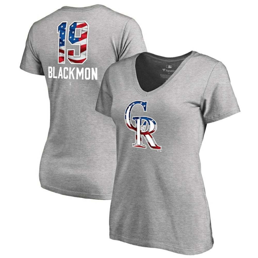 Charlie Blackmon Colorado Rockies Women's Banner Wave Name & Number V-Neck T-Shirt - Heathered Gray - MLB Lifestyle