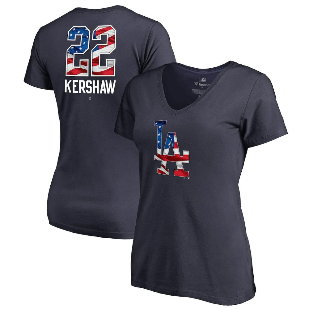 Clayton Kershaw Los Angeles Dodgers Women's Banner Wave Name & Number V-Neck T-Shirt - Navy - MLB Discount