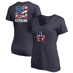 Clayton Kershaw Los Angeles Dodgers Women's Banner Wave Name & Number V-Neck T-Shirt - Navy - MLB Discount