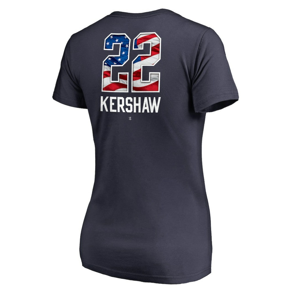 Clayton Kershaw Los Angeles Dodgers Women's Banner Wave Name & Number V-Neck T-Shirt - Navy - MLB Discount