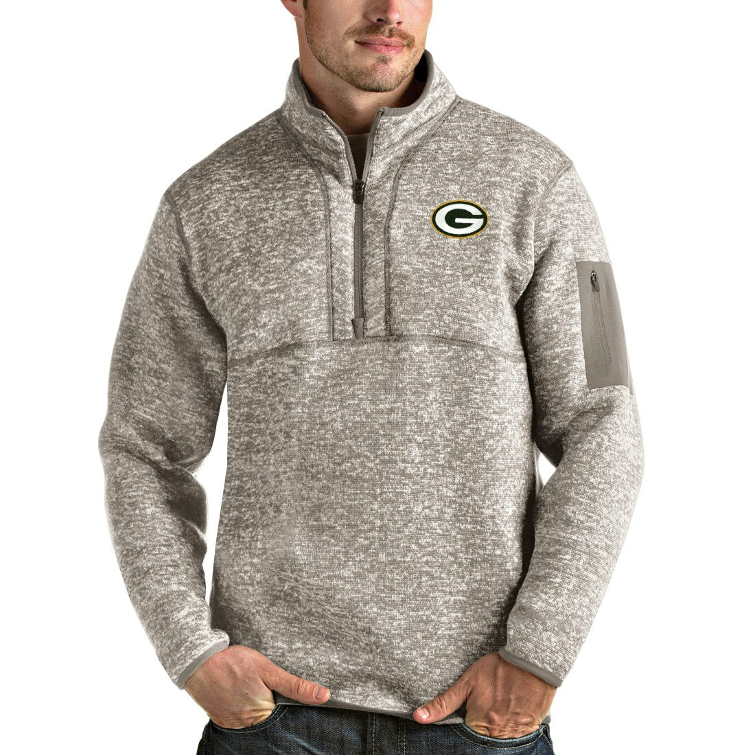 Green Bay Packers Antigua Fortune Quarter-Zip Pullover Jacket Oatmeal