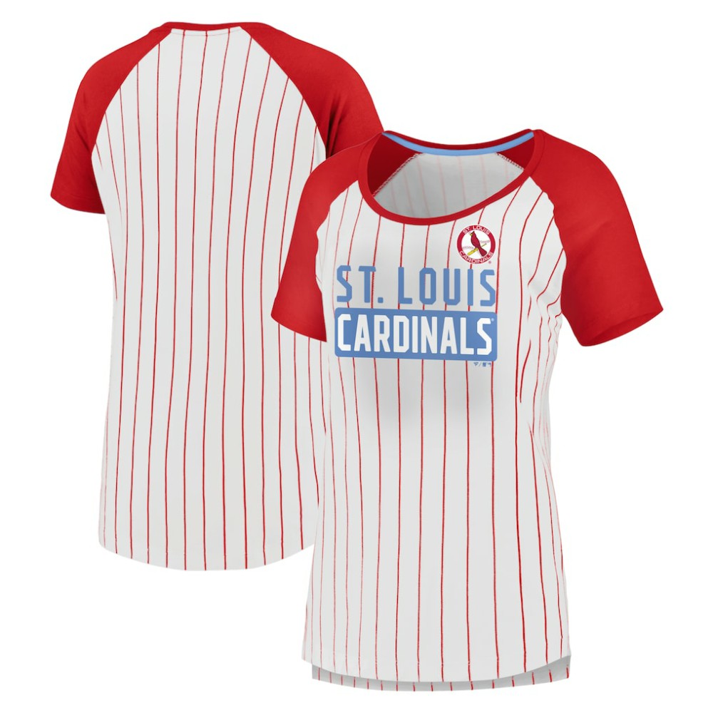 St. Louis Cardinals Fanatics Women's Cooperstown Collection Iconic Pinstripe Raglan Scoop Neck T-Shirt - White - Fanatics Lifestyle