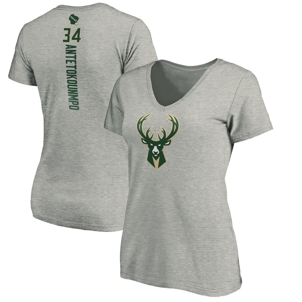 Giannis Antetokounmpo Milwaukee Bucks Women's Playmaker Name & Number V-Neck T-Shirt Heathered Gray