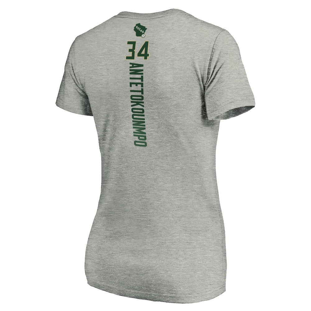 Giannis Antetokounmpo Milwaukee Bucks Women's Playmaker Name & Number V-Neck T-Shirt Heathered Gray