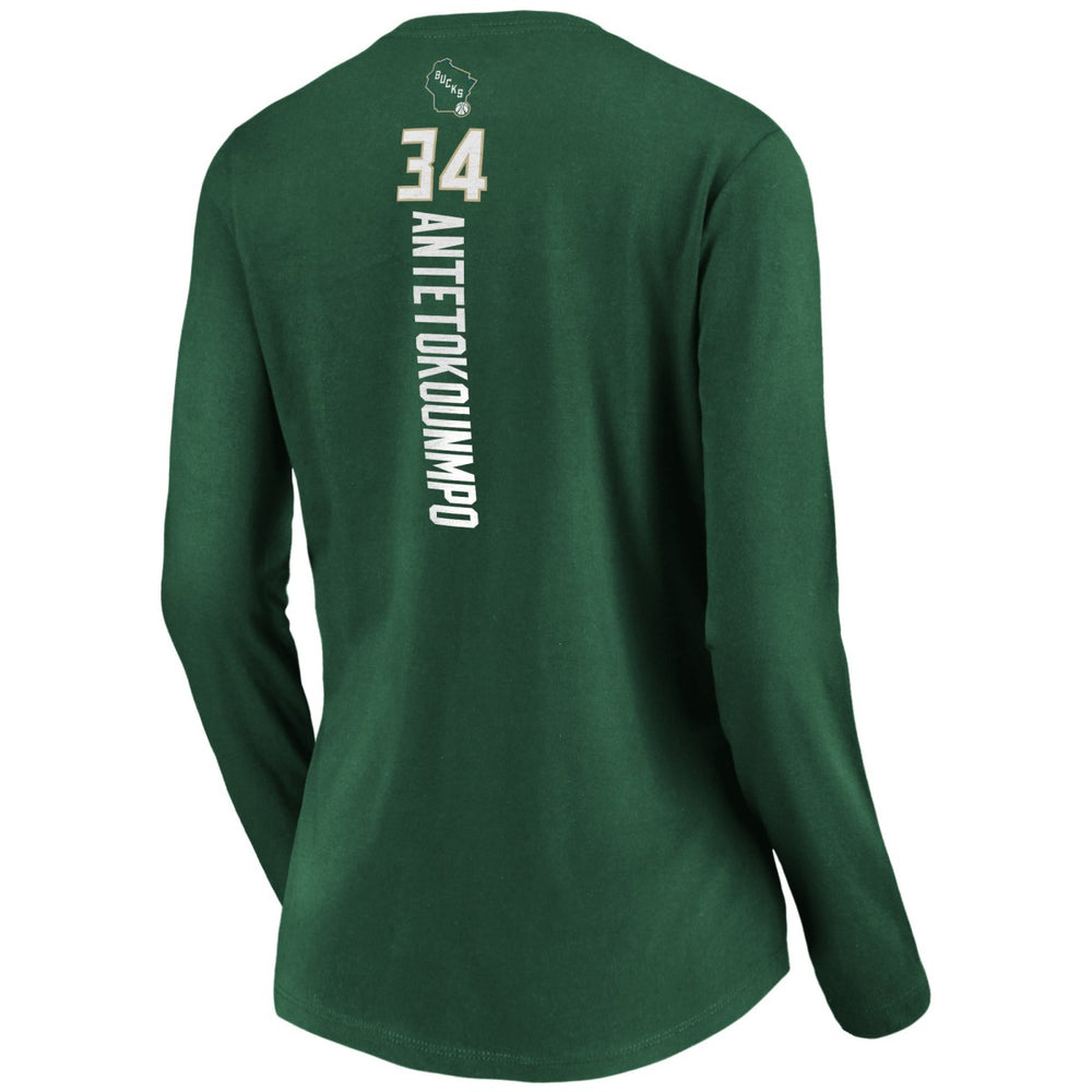 Giannis Antetokounmpo Milwaukee Bucks Women's Playmaker Name & Number Long Sleeve V-Neck T-Shirt Green