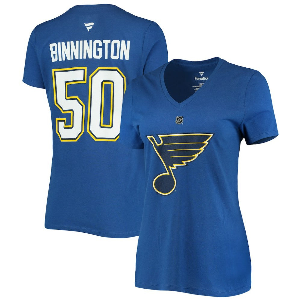 Jordan Binnington St. Louis Blues Fanatics Women's Authentic Stack Name & Number V-Neck T-Shirt - Blue - NHL 3706641