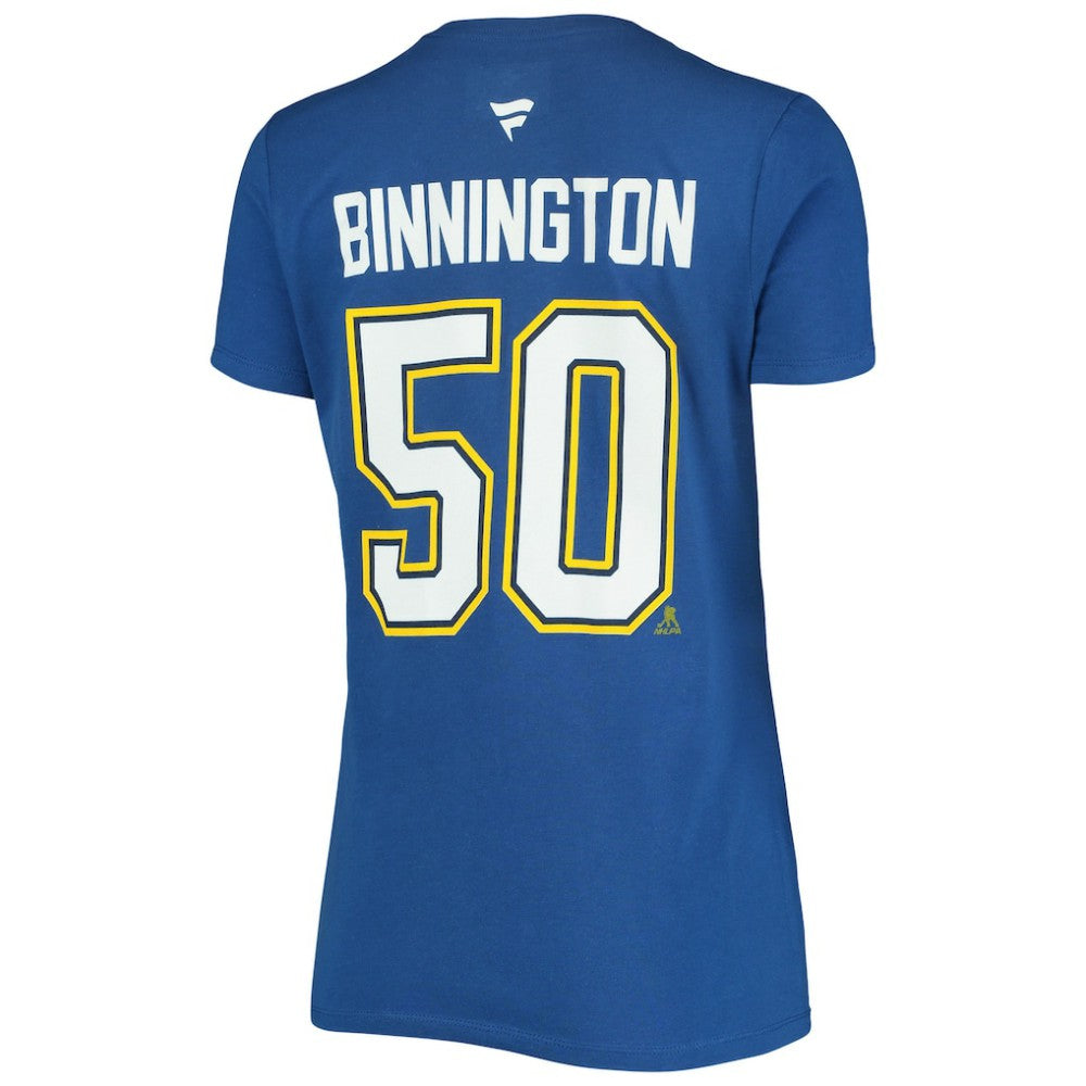 Jordan Binnington St. Louis Blues Fanatics Women's Authentic Stack Name & Number V-Neck T-Shirt - Blue - NHL 3706641