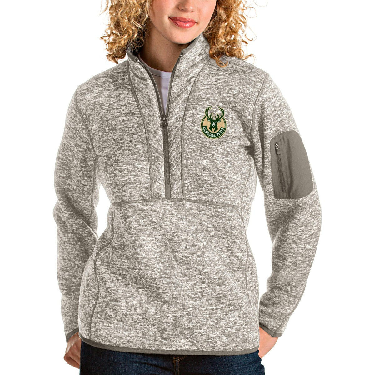 Milwaukee Bucks Antigua Women's Fortune Quarter-Zip Pullover Jacket Natural