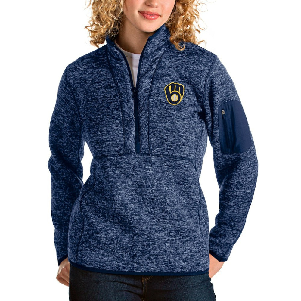 Milwaukee Brewers Antigua Women's Fortune Half-Zip Pullover Jacket - Heather Navy - MLB Lifestyle