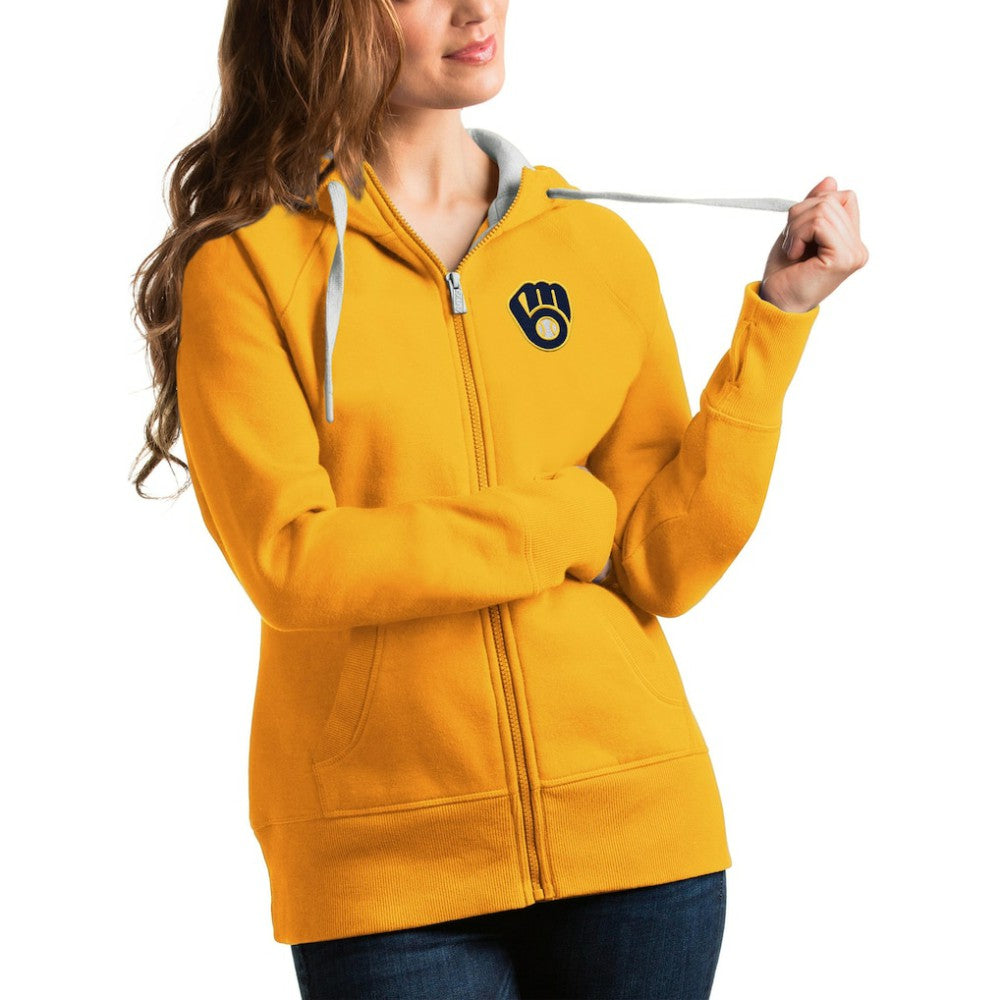 Milwaukee Brewers Antigua Women's Victory Full-Zip Hoodie - Gold - MLB Sale