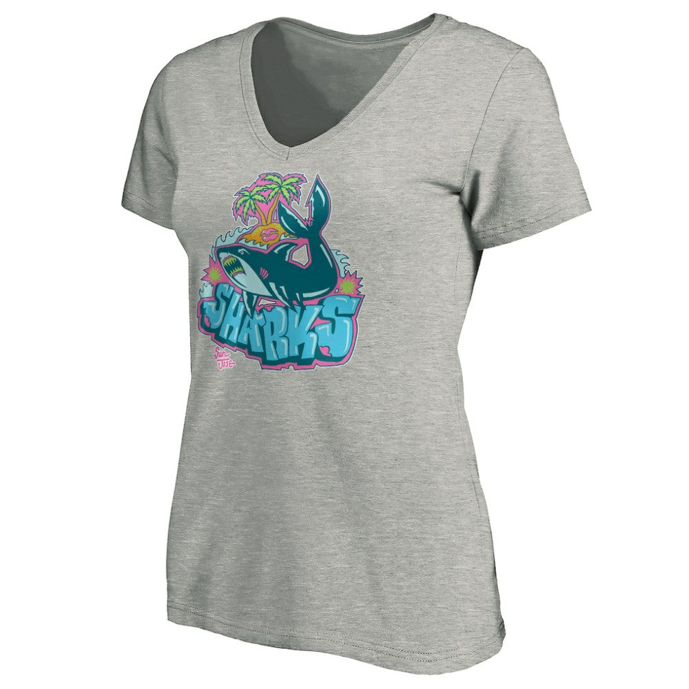 San Jose Sharks Women's Graffiti Shark V-Neck T-Shirt - Heather Gray - NHL 3800093