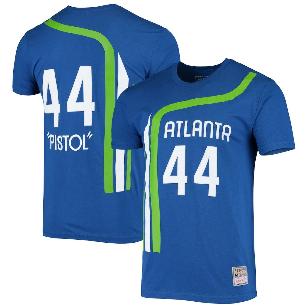 Pete Maravich Atlanta Hawks Hardwood Classics Stitch Name & Number T-Shirt Blue | Mitchell & Ness discount