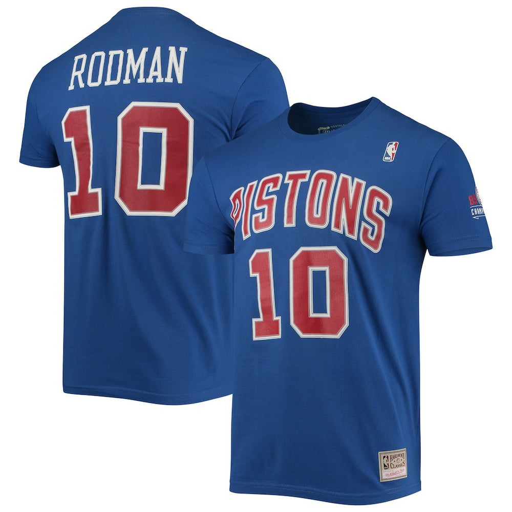 Dennis Rodman Detroit Pistons Hardwood Classics Stitch Name & Number T-Shirt for sale Blue | Mitchell & Ness online