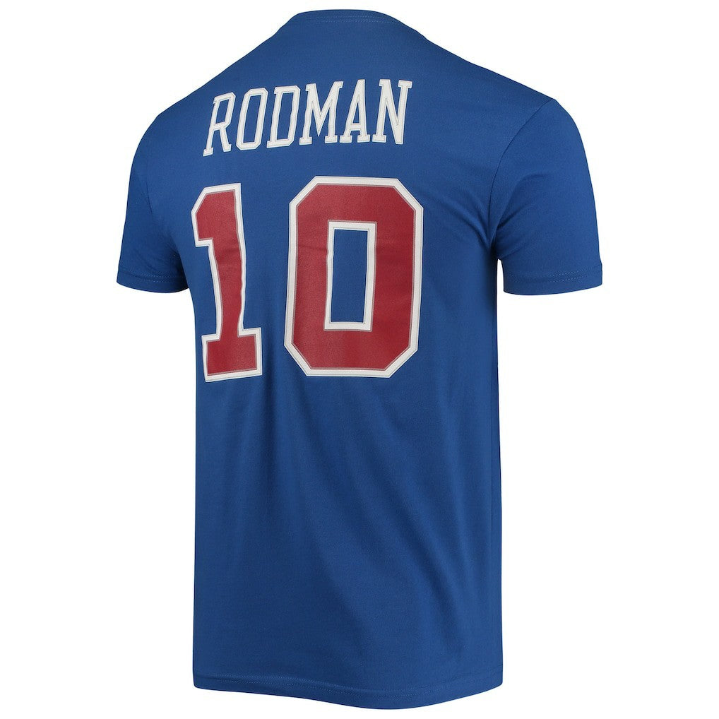 Dennis Rodman Detroit Pistons Hardwood Classics Stitch Name & Number T-Shirt for sale Blue | Mitchell & Ness online