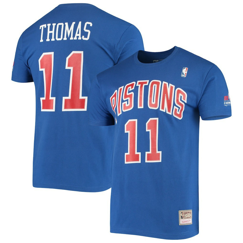 Isiah Thomas Detroit Pistons Hardwood Classics Stitch Name & Number T-Shirt for sale Blue | Mitchell & Ness discount